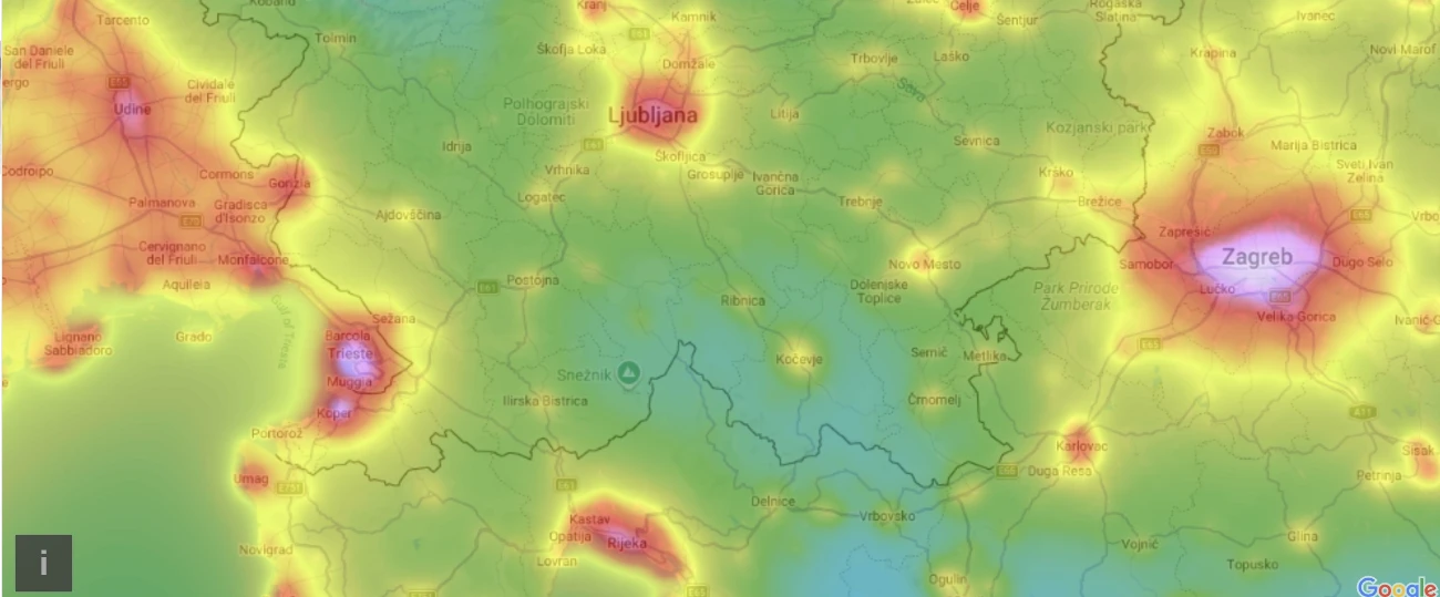 mapa svjetlosnog onečišćenja Gorski kotar Rijeka Zagreb.